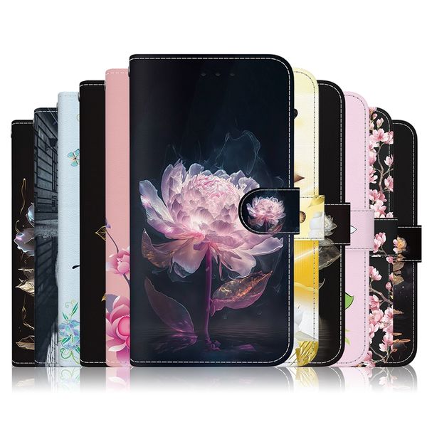 Custodie a portafoglio in pelle PU fiore per Motorola Moto G84 G54 Edge 40 Neo Samsung A05 A05S A15 Huawei Honor X5 Plus X6A Xiaomi 13T Pro Butterfly Sakura Holder Flip Cover Pouch