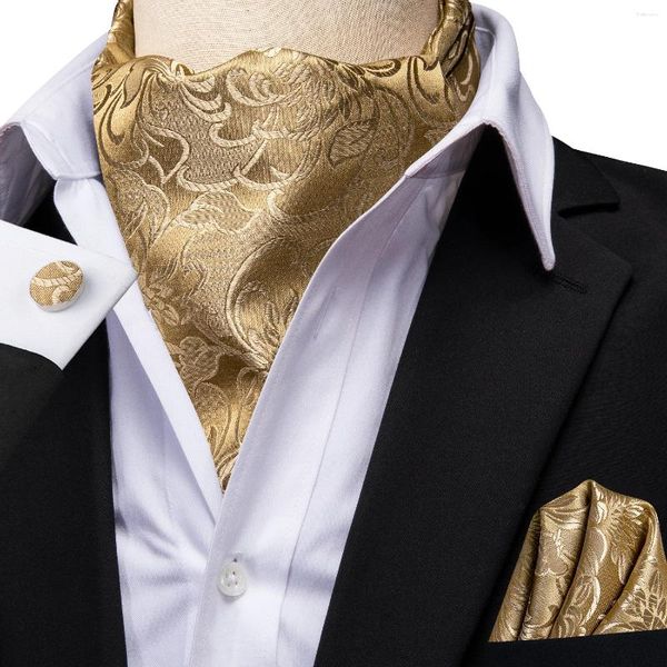 Papillon Hi-Tie in seta dorata da uomo Ascot Hanky Gemelli Set Jacquard floreale Paisley Cravatta formale vintage per regalo di festa di nozze maschile
