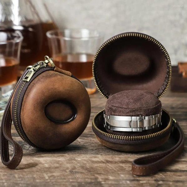 Scatole per orologi Custodia singola in pelle a forma di ciambella Organizer portatile da viaggio Piccola scatola di alta qualità con cinturino da polso