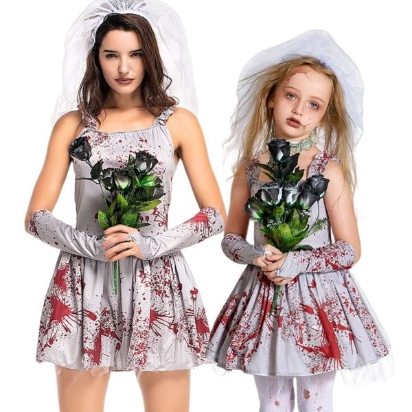 Halloween-Kostüm für Damen, Designer-Cosplay-Kostüm, Halloween-Kostüme für Kinder und Erwachsene, Horror, graue Blutflecken, Geister, Bräute, Make-up, Ballkleider, Hosenträger