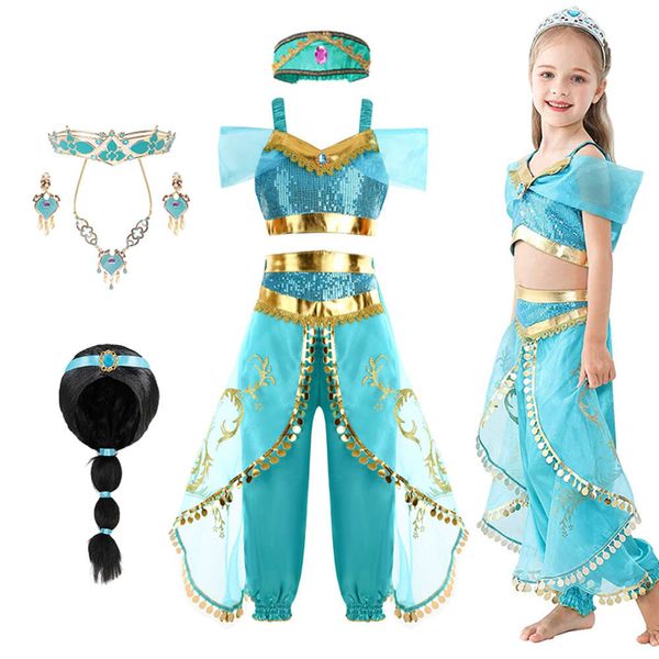 Cosplay jasmim princesa traje vestido para crianças meninas aladdin trajes vestidos acessórios peruca roupas de festa de halloween