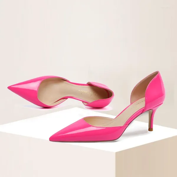 Модельные туфли, пикантные женские туфли на высоком полые каблуки, весенне-осенние светские женские туфли-лодочки среднего размера 6 см, розово-красные сандалии без шнуровки из лакированной кожи с заостренным носком