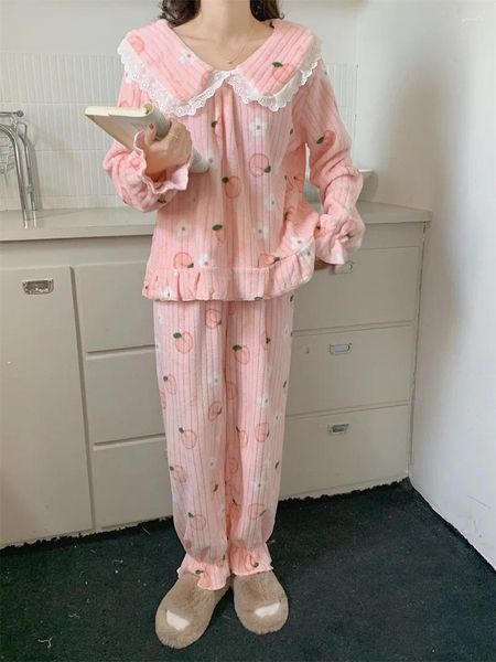 Женские брюки из двух частей в консервативном стиле Kawaii Pieces Пижамный костюм Женский весенне-осенне-зимний женский повседневный милый домашний комплект оптом