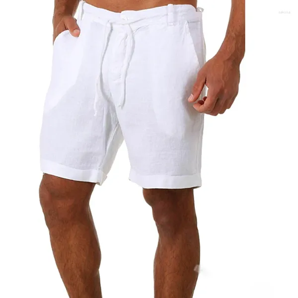 Calções masculinos casuais meados de cintura cordão sólido calças de verão roupas masculinas bolsos praia streetwear 2023 algodão linho moletom para homem