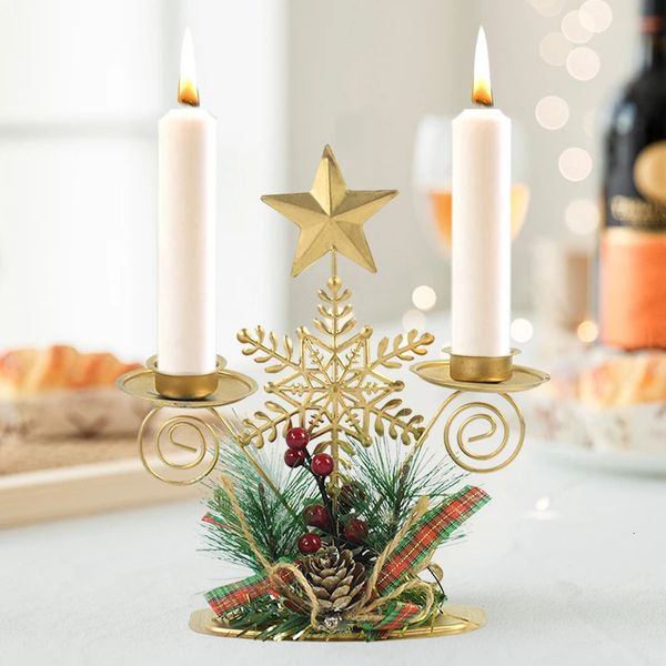 Titulares de vela Natal dourado ferro forjado castiçal Papai Noel floco de neve estrela Elk titular enfeites de mesa decoração de Natal presentes 231023