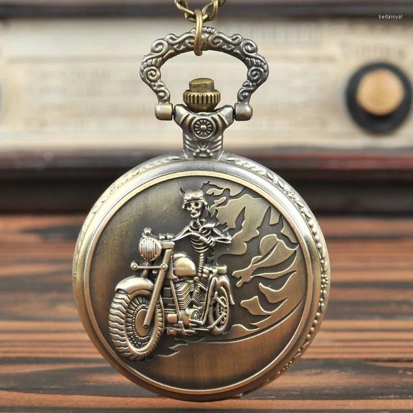 Orologi da tasca Orologio al quarzo con ciondolo design motociclistico scheletro in bronzo retrò con catena per collana Orologio regalo da uomo