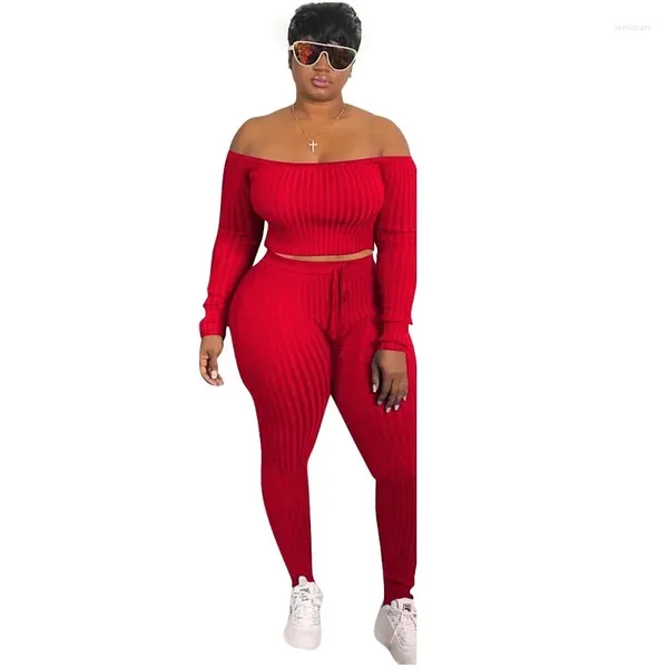 Calças femininas de duas peças vermelho recortado conjunto de malha sexy manga longa pullovers colheita superior cintura alta terno elegante roupas de luxo malha 2