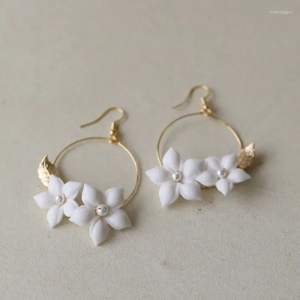 Dangle Brincos Branco Cerâmica Floral Acessórios De Noiva Ins Estilo Pérolas Mulheres Brinco Jóias De Casamento