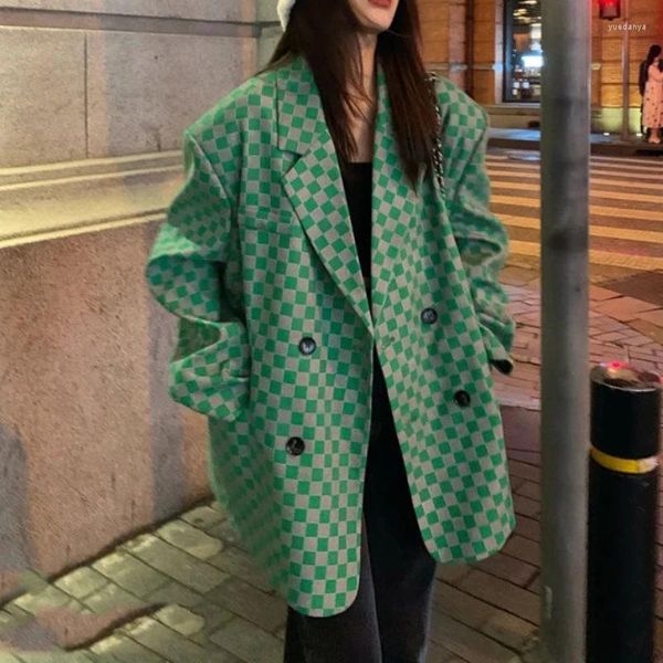 Abiti da donna Blazer Cappotto da donna scozzese verde Cappotto primavera autunno Stile coreano Design Feel Sciolto Collo alto Piccolo abbigliamento superiore