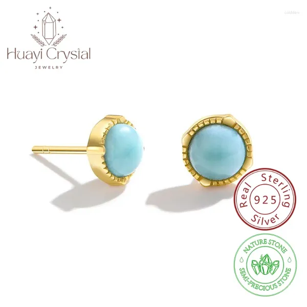 Stud Küpe Moda S925 STERLING Gümüş Disk Doğa Larimar 8mm Moda çok yönlü kadınlar için çok yönlü mücevher