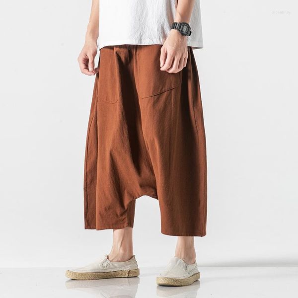 Мужские брюки, осень 2023, мужские повседневные шаровары больших размеров, винтажные свободные хлопковые и льняные брюки с широкими штанинами и эластичной резинкой на талии, брюки Heat22
