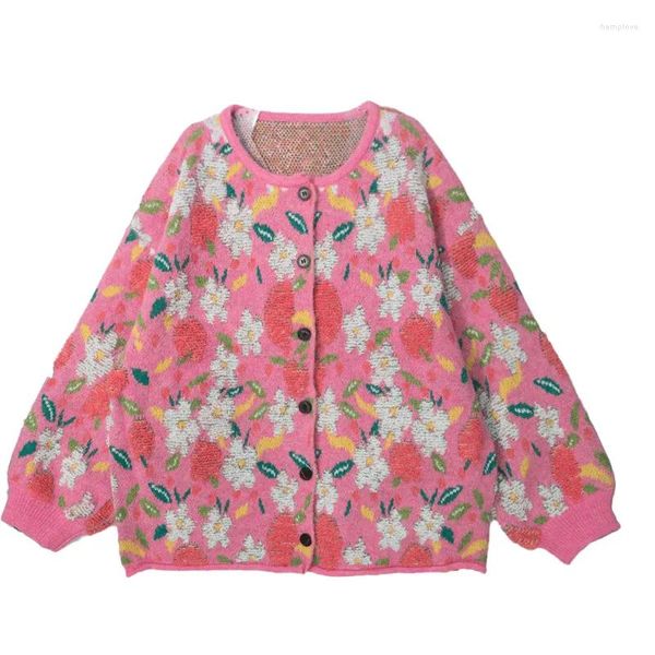 Malhas femininas de malha cardigan francês retro padrão feminino lã rosa camisola jaqueta solta grosso quente outono inverno casaco