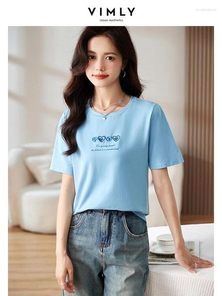 Damen T-Shirts Vimly Blue Letter gedruckt Summer S 2023 Casual O-Neck Baumwoll Kurzarm gerade losen Tops Tee V9509