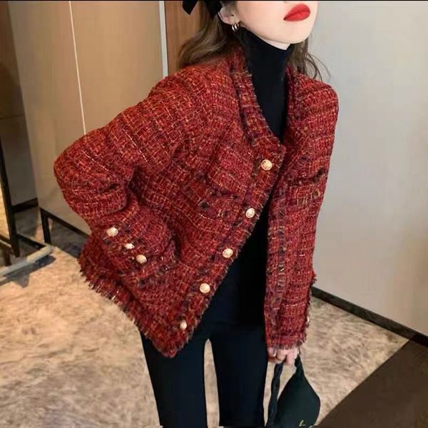 1012 2023 outono milão pista casaco jaquetas manga longa tripulação pescoço vermelho tweed botão de alta qualidade moda feminina roupas baliG23100458