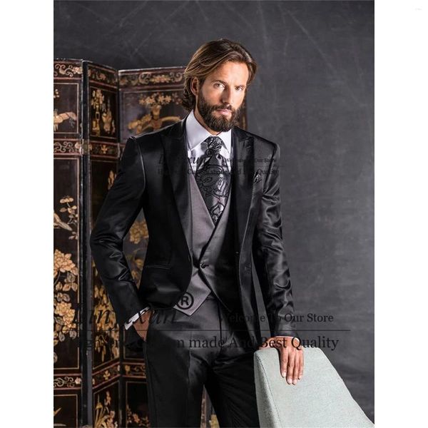 Ternos masculinos formais preto estilo italiano noivo smoking terno masculino blazer para homem 3 peças conjunto traje homme jaqueta calça colete