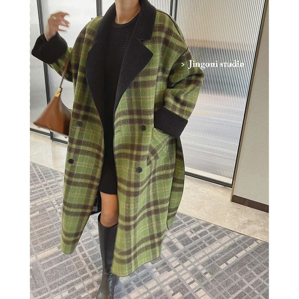 Misto lana da donna Donna Oem Plaid di lana Tweed Pelliccia Teddy Blazer reversibili Giacche lunghe Cappotti Abiti Moda coreana Top Trench invernale 231021