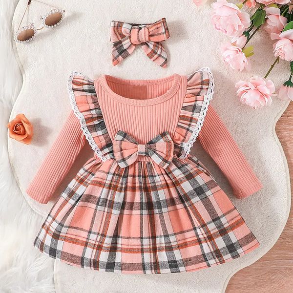 Mädchenkleider Kleid für Kinder 3 Monate - 3 Jahre alt Stil Mode Langarm Weihnachten Rotes Gitter Prinzessin Formelle Kleider OOTD für Baby Mädchen 231023