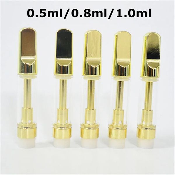 Cartucho de ouro 0,5ml 0,8ml 1,0ml Cartuchos de cerâmica 510 Thread Atomizador 2,0mm de espessura Carrinhos de furos de óleo Caneta vazia TH205 Carrinho Bandeja de espuma Embalagem OEM