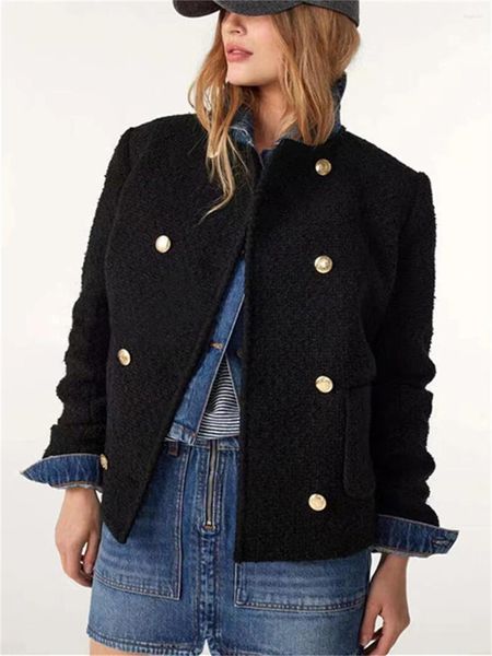 Damenjacken 2023 Herbst Frauen Zweireiher Mantel Tweed Weiß oder Schwarz Elegante weibliche Jacke mit Taschen