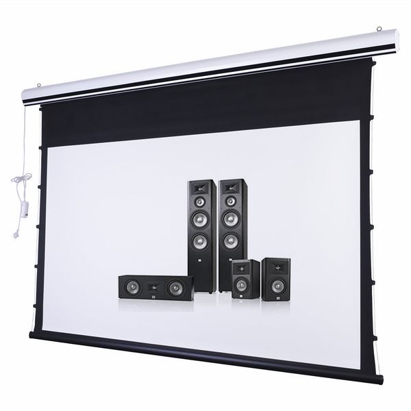 Elektrische 16:9-HDTV-Premium-Projektorleinwand mit 8K-gewebter, akustisch transparenter weißer Leinwand