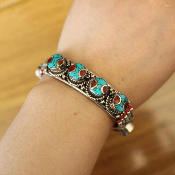 Браслеты-подвески BR495 Непал, модные ювелирные изделия, тибетский медный браслет с инкрустацией красочным камнем, широкий браслет 13 мм, женский браслет