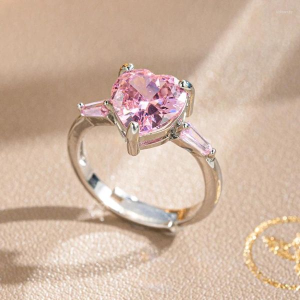 Кольца кластера, женское розовое кольцо принцессы в форме сердца, милое романтическое девчачье свадебное открытое кольцо, регулируемые ювелирные изделия Mujeres