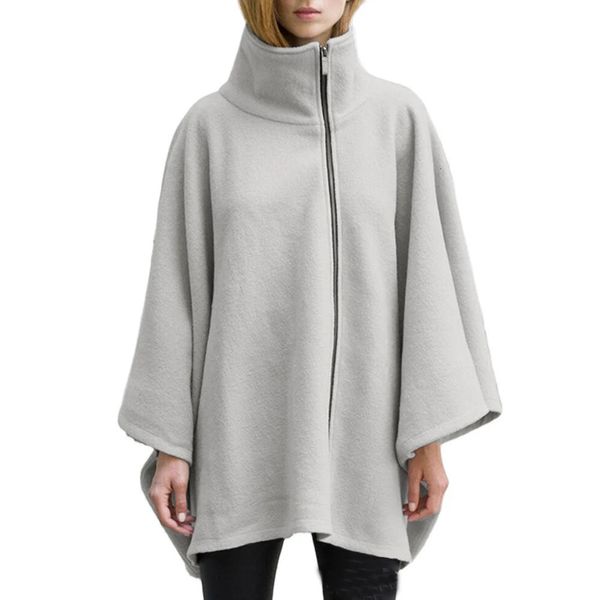 Damen-Umhang, Fleece, Stehkragen, Damen-Poncho, Damen-Mantel, Umhang, hellsilberfarben, Reißverschluss, Strickjacke, Winter-Damen, solide Oberteile, weißer Umhang 231023