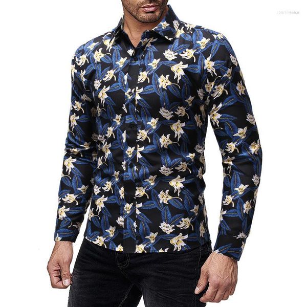 Camisas casuais masculinas moda masculina folhas impressas vestido primavera outono praia manga longa roupas masculinas respirável fino ajuste