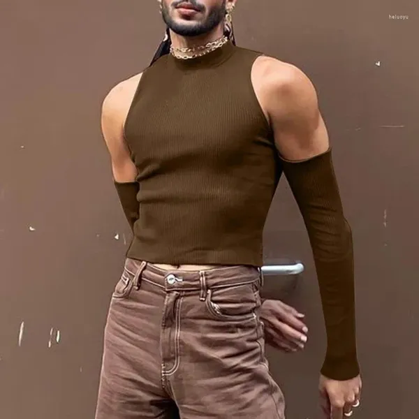 T-shirt da uomo 2023 Mens Shrits spalle scoperte manica lunga casual collo alto scava fuori sexy streetwear maschile top di grandi dimensioni