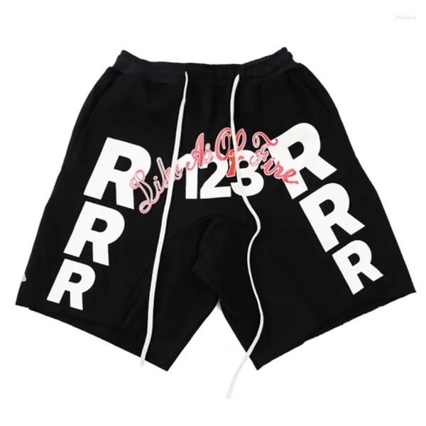 Shorts masculinos de alta qualidade 1:1 RRR123 Logotipo de grandes dimensões Carta impressa cordão enrolado casual e esportes femininos