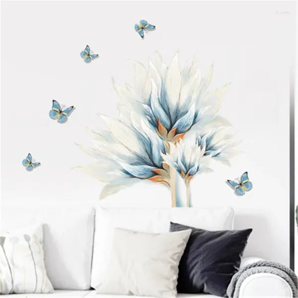 Adesivos de parede aquarela flores azuis borboleta sala de estar quarto decalques guarda-roupa pvc pôster removível