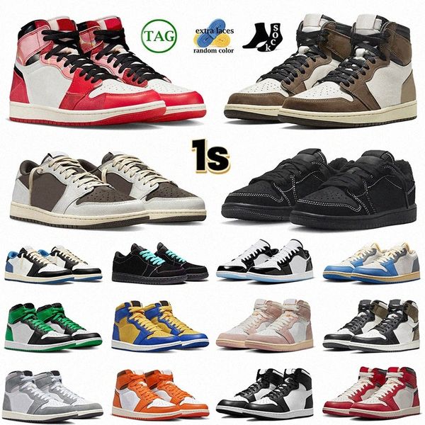 Travis Scoots 1s Jumpman 1 Low Mens Basquetebol Sapatos Preto Fantasma Fragmento Escuro Reverso Mocha Starfish Azul Lobo Cinza Rasgar Prata Criado Toe Mulheres Y7oP #