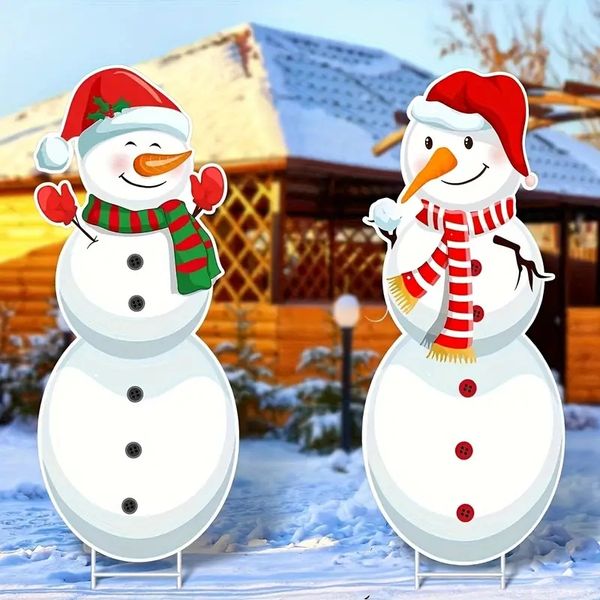 2 unidades / conjunto Decoração de sinal de quintal de boneco de neve de Natal, ornamento de quintal ao ar livre de boneco de neve de Natal com estaca H de metal, decorações de jardim ao ar livre de inverno de Natal