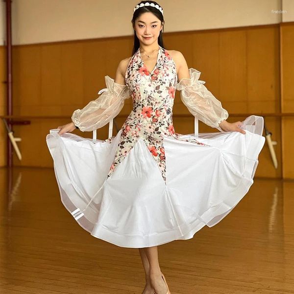Сценическая одежда, платье для бальных танцев с цветочным принтом, женское платье с пышными рукавами, костюм для вальса, современная социальная одежда DNV18579