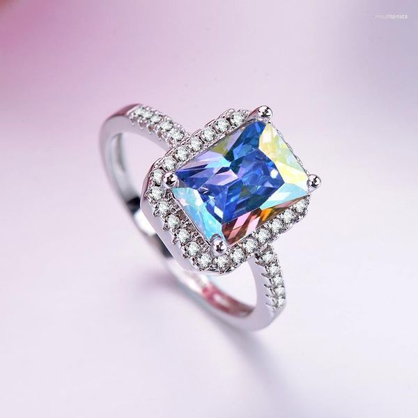 Anelli a grappolo HOYON Anello con gemme colorate per donna Diamond Princess Baguette Micro-set Zircone Lady Birthday Jewelry