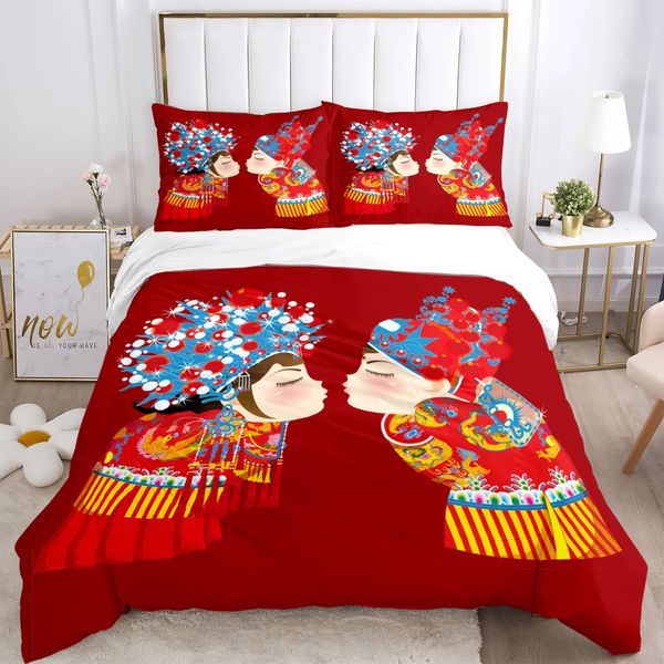 Juegos de cama Juego de tres piezas con estampado artístico de boda china, artículo para niños o adultos para camas, fundas de edredón, fundas de almohada 231023