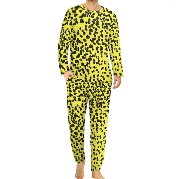Herren-Nachtwäsche, Dalmatiner-Pyjama, Frühling, Schwarz, Gelb, Tupfen, Schlaf-Nachtwäsche, Mann, 2-teilig, Muster, Langarm, coole Pyjama-Sets in großen Größen