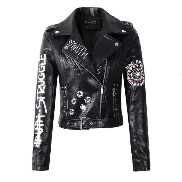 Damen Leder Kunstleder Herbst Frauen Winter Faux Weiche Lederjacken Mäntel Dame Schwarz PU Niet Reißverschluss Epaulet 3D-Druck Motorrad Streetwear 231023