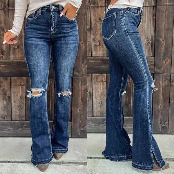 Jeans femininos primavera outono mulheres calças moda rasgado lavagem escura botão zip aberto cintura alta roupas perna larga denim roupas azul