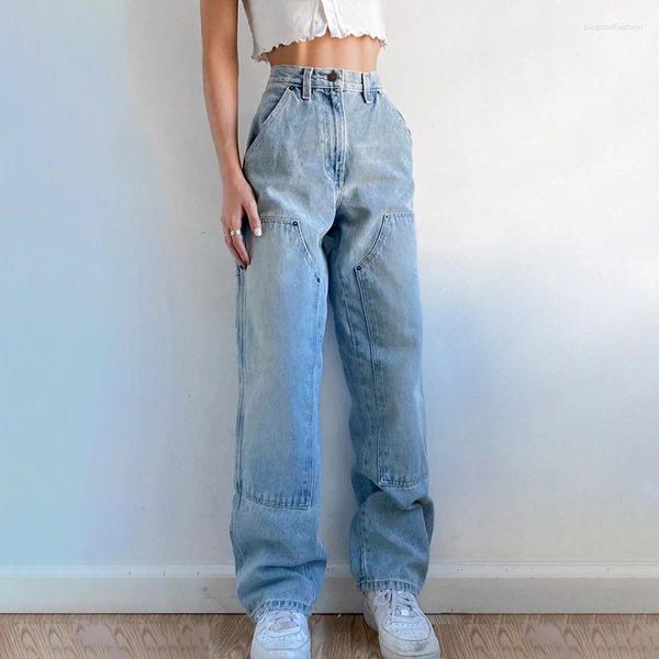 Jeans da donna Autunno Casual Pantaloni in denim dritti da donna 2023 Baggy Mom Fit Vita alta Allentato Azzurro Jean Pocket Patchwork Femminile