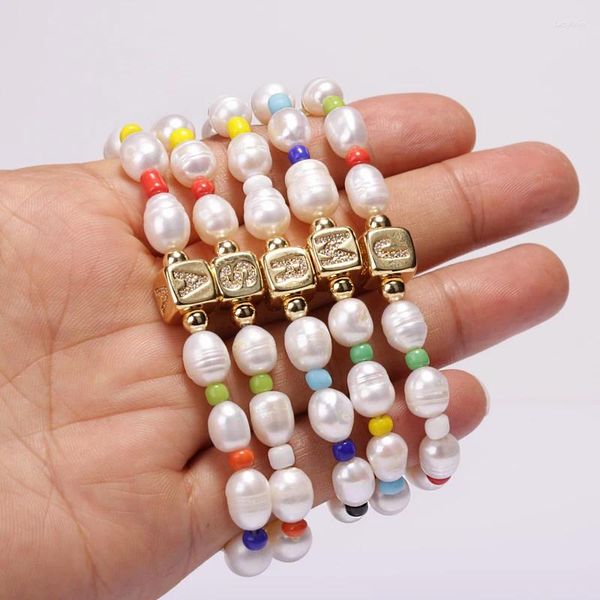 Charme Pulseiras 5 PCS Moda Boho CZ Inicial 26 Letra Do Alfabeto Nome Natural Pérola De Água Doce Frisada Unissex Para Mulheres Presente 2023