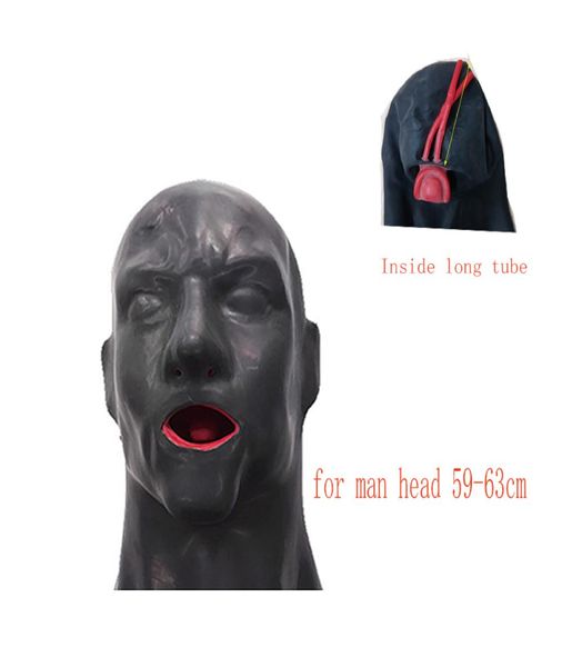 3D латексный капюшон, резиновая маска, фетиш с закрытыми глазами и красным кляпом для рта, оболочка для языка, трубка для носа, длинная и короткая для мужчин 2207155411583