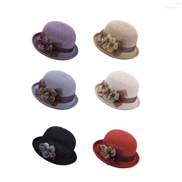 Chapéus de borda larga feminino verão cloche chapéu vintage bowler balde respirável com flor