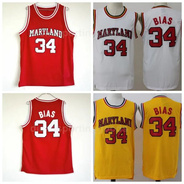 Personalizado NCAA College 1985 Maryland Terps 34 Len Bias Jersey Homens Universidade Vermelho Amarelo Branco Uniforme de basquete para fãs do esporte de alta qualidade