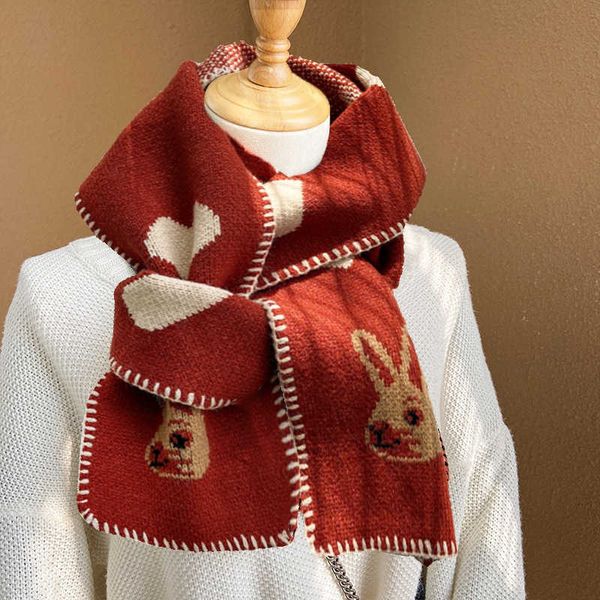 Christmas Love Rabbit Knitted Wool Scarf Women's College Style Korean Edition Student Scarf Cute Neck Set Wool 231015