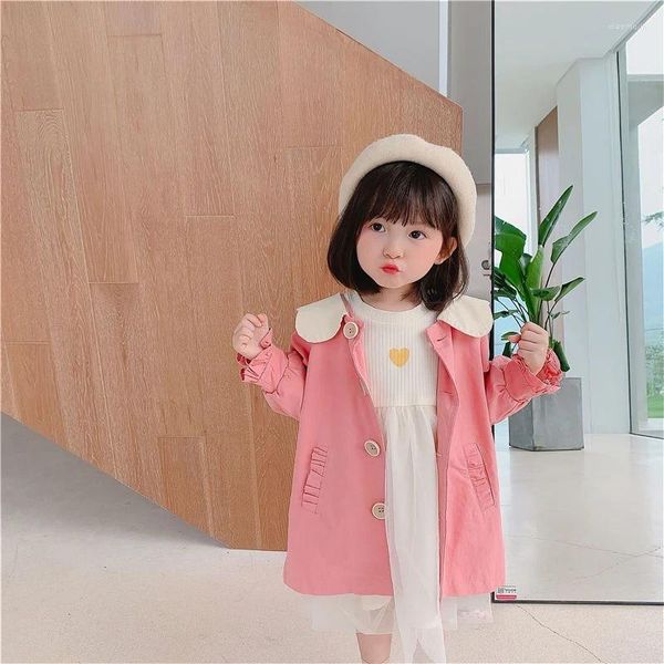 Cappotto per ragazze Trench con risvolto grande Bambini di media lunghezza Solido coreano Dolce carino rosa Giacca a vento per bambina Abbigliamento autunnale