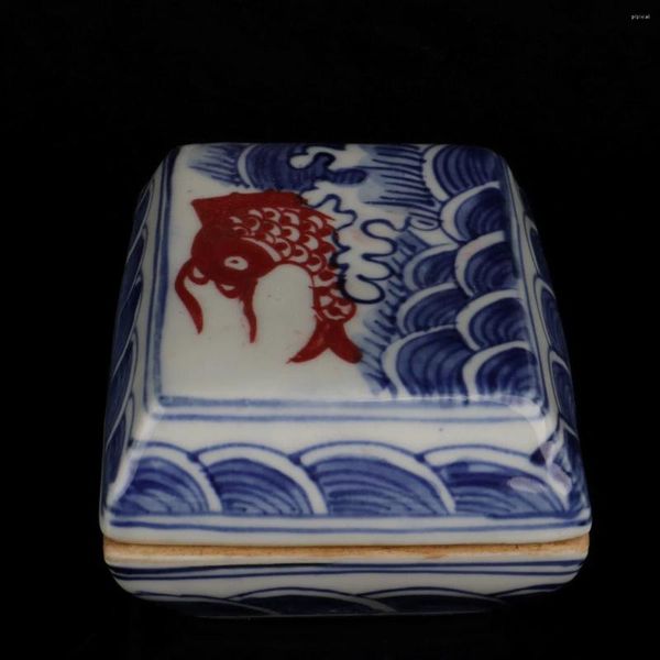 Bottiglie di Jingdezhen Carpa rossa smaltata blu e bianca che gioca nell'acqua Scatola da stampa quadrata con motivo Decorazione antica in porcellana