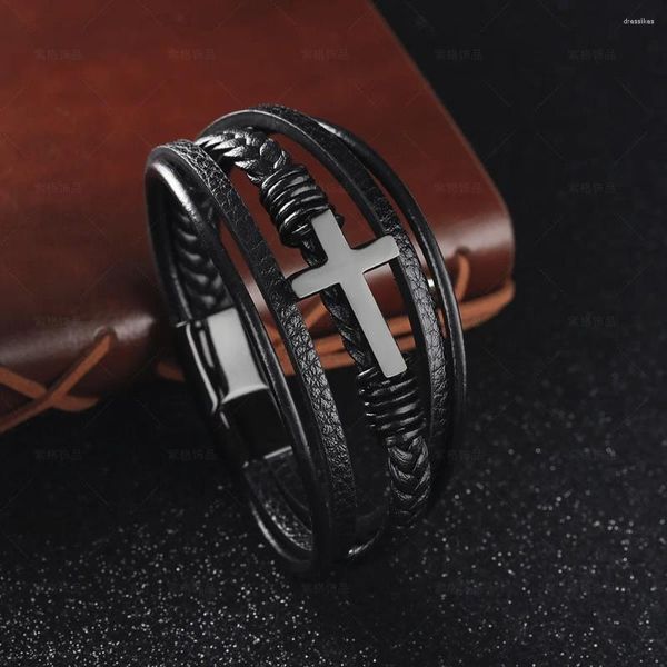 Charme pulseiras chegadas mão tecido couro fivela magnética cruz pulseira de aço inoxidável jóias de titânio masculino