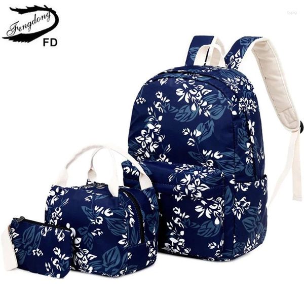 Sacos escolares 3 pçs / set crianças para meninas bonito cereja impressão mochila conjunto almoço comida lápis gota