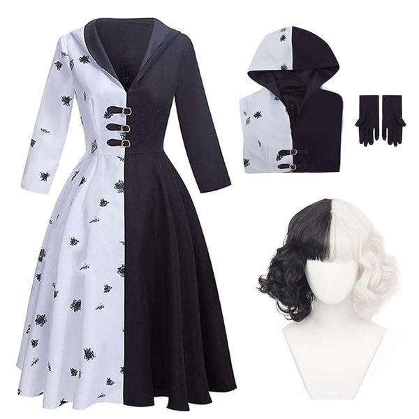 Cosplay De Vil Kostüm Frauen Kinder Cruella Kostüme Schwarz Weiß Hoodie Kleid Kostenlose Handschuhe Perücke Anzug Halloween Party Kleidung
